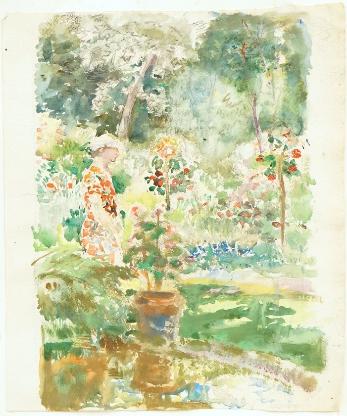 Margaret Fisher Prout (ARA), ‘A Stroll in the garden’, unsigned, watercolour, mounted, unframed, 40 x 33cm
